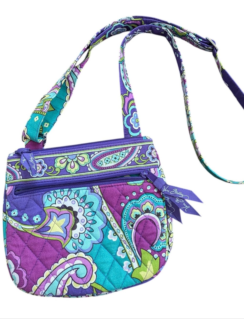 Vera Bradley Triple Zip Hipster Crossbody Bag Purple Paisley Quilted Purse